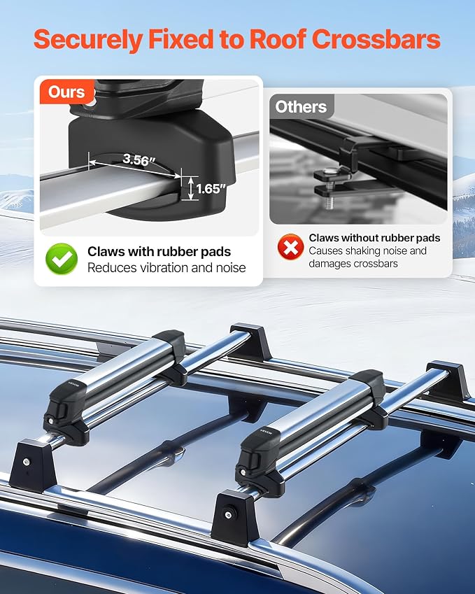 VEVOR Ski & Snowboard Roof Rack, Carry up to 4 Pairs of Skis or 2 Snowboards, 2 PCS Aluminum Universal Car Roof Rack Top Holder with Lock & Rubber Padding, Carrier for Fishing Rod, Fit Most Crossbars