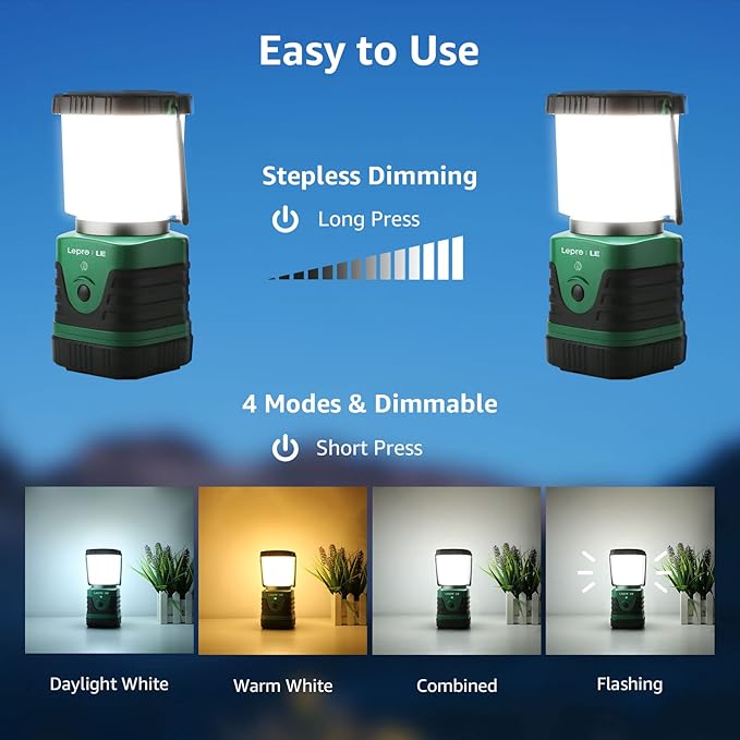 Lepro Bundle - 1000LM LED Camping Lantern Rechargeable, 4400mAh Power Bank & PR320019 Super Bright Head lamp with Motion Sensor, 230° Wide Beam & Adjustable