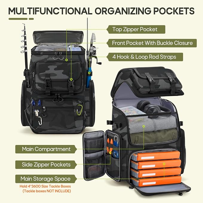 RAINSMORE Fishing Backpack, 45L Large Fishing Bag with 4 Rod Holders & Insulated Cooler Professional Fishing Tackle Backpack with Rain Cover Waterproof Tackle Bag for Men Gift, Grey Camouflage