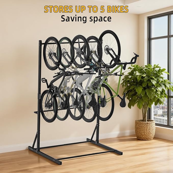 FAHKNS Freestanding Bike Rack for Garage: Hold Up to 5 Bicycle Vertical Bike Stand Floor Indoor Bike Storage Organizer Hangers for Garage