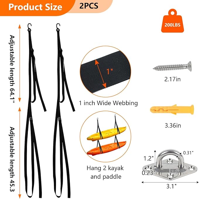 Kayak Storage Strap,Kayak Hanging Straps 1in/1.5in Wide,Adjustable Kayak Wall Mount Straps,Kayak Storage Strap System With Paddle Loops for Hanging 1or 2 Kayak,Paddle Board,Surfboard,Canoe(2/4 Pack)