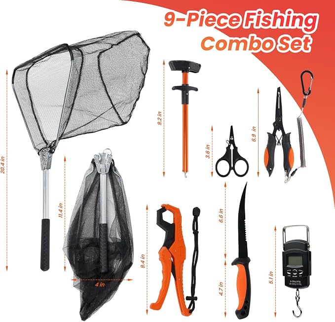 RAWILL 9 Pcs Fishing Tool Kit, Fishing Pliers with Lanyard and Protective Sheaths, Landing Net, Fillet Knife, Fish Scale, Gripper