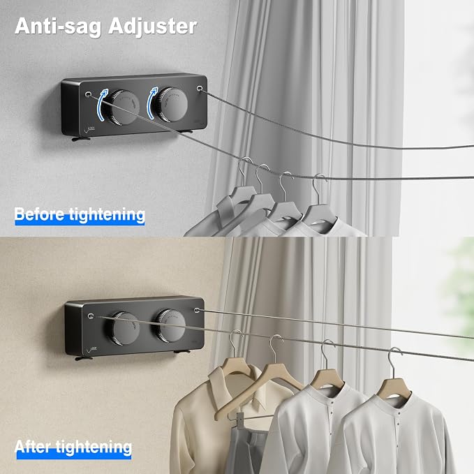 MUSTORN Retractable Twin Clothesline Indoor, Non-Sagging Outdoor Clothes Line Retracting Heavy Duty Clothes Drying Laundry Line Wall Mounted Stainless Steel Line-13.8Feets(Double Line-Black)
