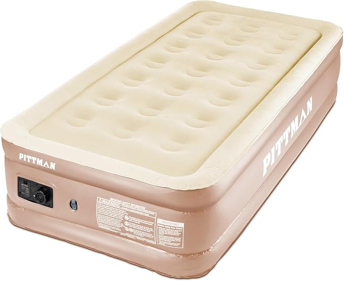 Pittman Outdoors Twin Air Mattress – 18” Tan Double High Design – Twin Size Mattress with Built-In Pump – Luxury Raised Sleeping Surface, 300lb Capacity, Quick Inflation, Ideal for Guest Bed & Travel