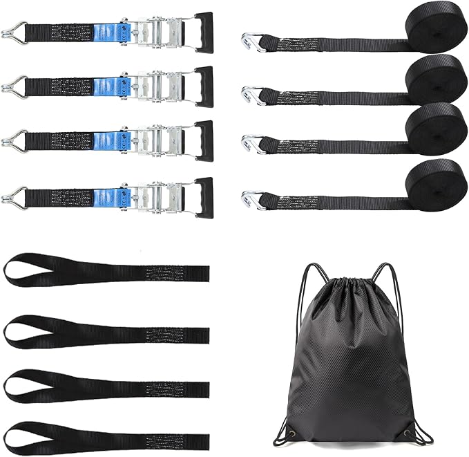 Ratchet Straps Heavy Duty 4Pcs 2.3" x 20ft with 4 Helper Tie Down Ratchet Straps and Storage Bag, Galvanized Zinc Double J Hook for Trailer, Truck, Motorcycle, Cargo Moving - Black