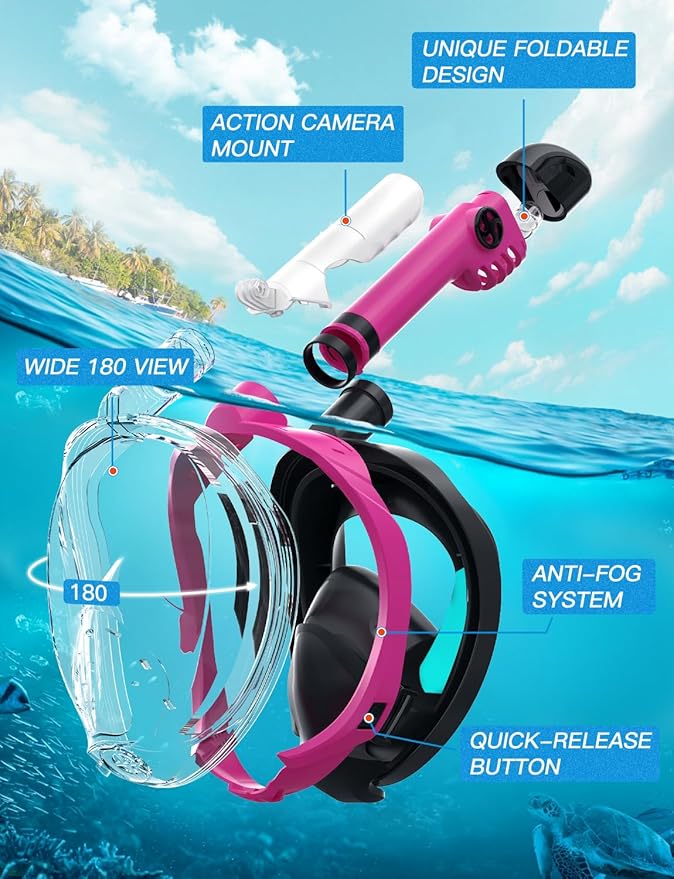 Full Face Snorkel Mask for Adults, 180° Panoramic Anti-Fog Snorkeling Gear with Dry Top System & Camera Mount, Foldable Anti-Leak Design for Travel, Swimming & Ocean Snorkeling