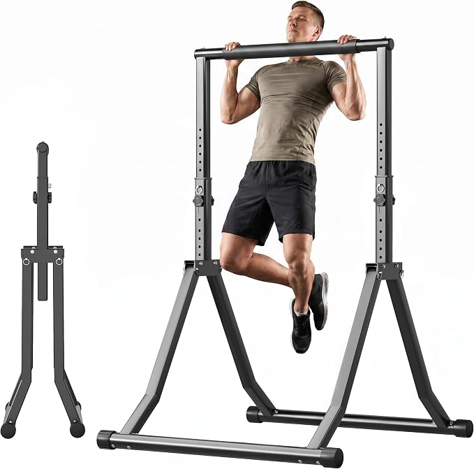Foldable Power Tower Dip Station for Pull Ups, 58.3"-76.8" 12 Level 700 LBS, Adjustable Dip Handles & Assistance Bands Foldable Home Gym Equipment