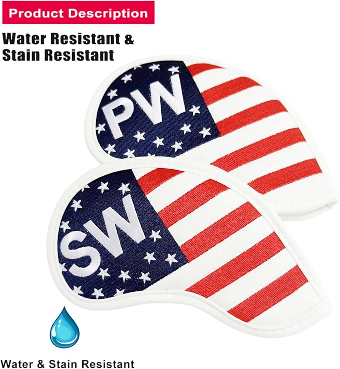 Patriotism US Flag Golf Iron Covers Premium Leather Iron Head Covers Set Headcover 4 5 6 7 8 9 PW SW AW LW Wedge Iron Club Covers fits for Most Brands