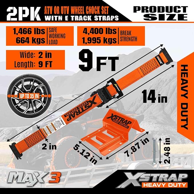 XSTRAP STANDARD Wheel Chock E-Track Tie Down Straps Kit, 2 Pack 2" x 9FT Over-The-Tire Ratchet Straps with Steel Wheel Chocks, 1466 lbs WLL for ATV, UTV, Lawn Mower, Trailer Hauling, Orange