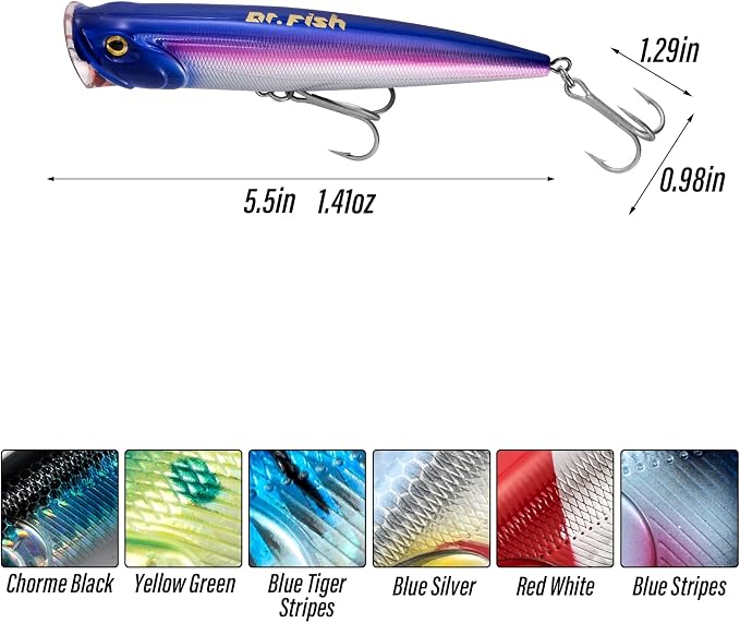 Dr.Fish Popper Saltwater Fishing Lures, 4/5.5 Inches GT Popper VMC Treble Hooks Surf Fishing Lures for Bass Striper Pike Salmon Offshore