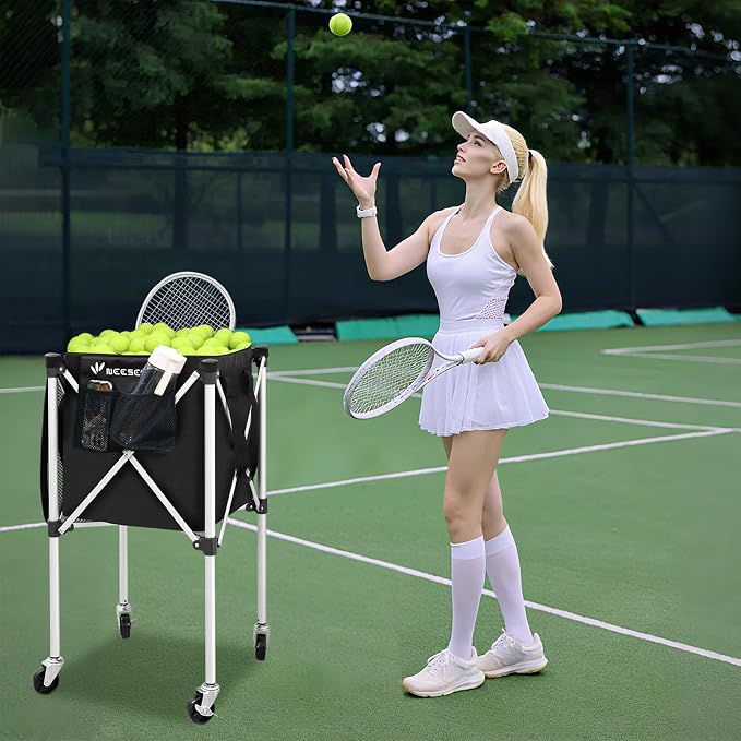Sturdy Pickleball Tennis Ball Hopper - Foldable Lightweight Tennis Cart Holds 240 Tennis/180 Pickleballs with Removable Bag, Wheels, Side Pocket for Training/Teaching