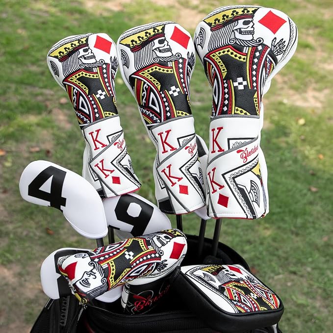 Golf Club Covers Poker Diamond King Driver Cover Fariway Wood Headcover 3 Hybrid Head Covers Blade Putter Cover Mallet Putter Haedcovers with Magnetic Closure for Most Brand