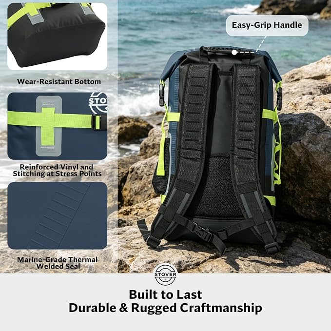STOVER 30L Waterproof Dry Backpack & Phone Case - X-Large Floating Dry Bag for Kayaking, Travel, Hiking, Fishing, Camping, Motorcycles & Beach, Heavy-Duty Roll Top Men/Women (Navy Blue/Black/Green)