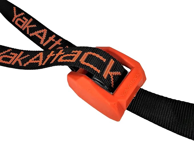 YakAttack 15' Cam Strap | Heavy-Duty Polyester Tie Down with Protective Rubber Buckle | Black/Orange - 2 Pack | Kayak Fishing Roof Rack Securement | Made in USA