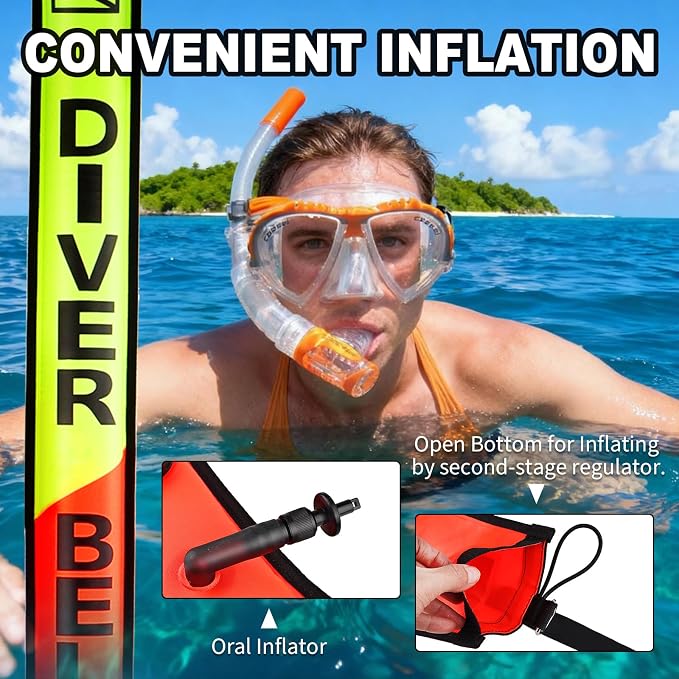 Surface Marker Buoy, 5ft Scuba SMB High Visibility Open Bottom Dive Buoy with Oral Inflator, OPV and Reflective Strip, Inflatable Signal Tube Safety Sausage (Orange+Fluorescent Yellow)