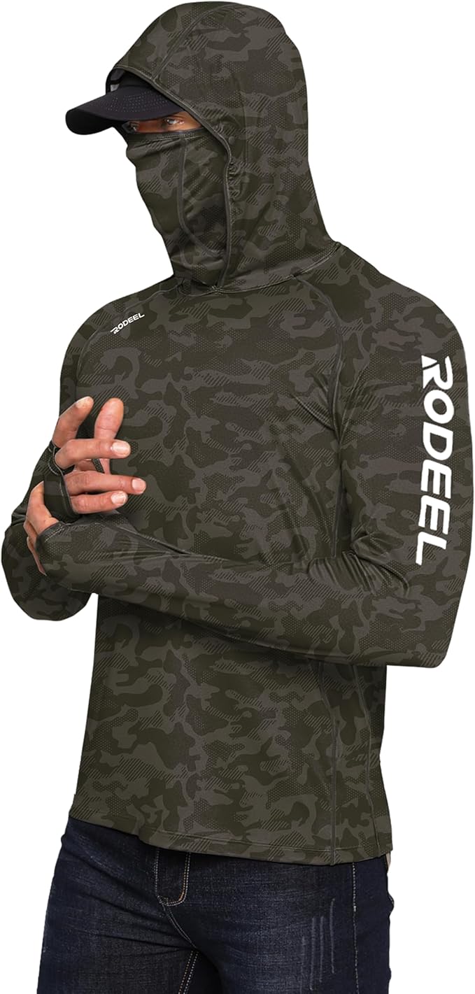 Rodeel Men's UPF 50+ Performance Fishing Hoodie, Long Sleeve Sun Protection Athletic Quick-Dry Breathable T-Shirt