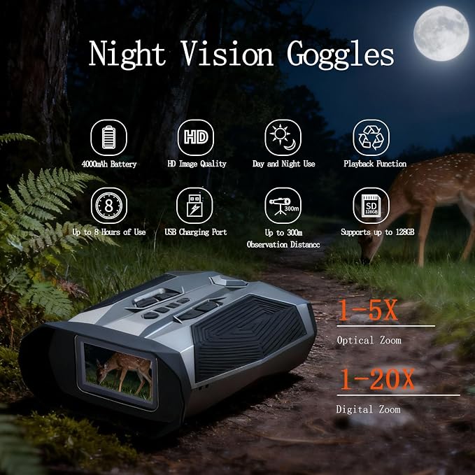 Night Vision Binoculars for Adults with Infrared | 20× Zoom Digital Night Vision Goggles with 4K Photos, 984ft Long Range, HD 3″ Screen, Rechargeable Battery – Best for Hunting, Wildlife, Surveillance