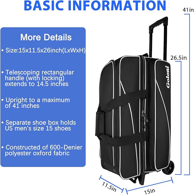 Goloni 3 Ball Bowling Bag with Wheels, Rolling Bowling Roller Bag with Retractable Handle for Balls & Bowling Accessories