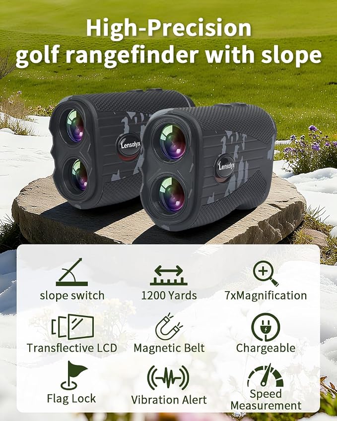 Lensaylx Golf rangefinder,1200 Yards Laser Golf Rangefinder with Slope,7X Magnification,Pin Flag Pole Lock,IPX4 Waterproof,Rechargeable Battery Magnetic Strip Laser Rangefinders for Golf and Hunting