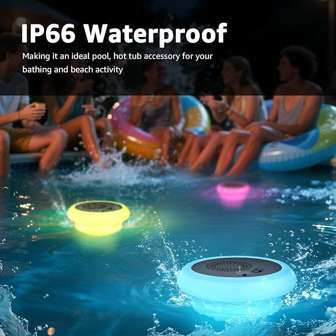 2-Pack Floating Pool Speaker with Lights LED Show Water-Resistant Portable Floating Pool Lights USB Rechargeable Cordless with Remote for Swimming Pool Beach Outdoor