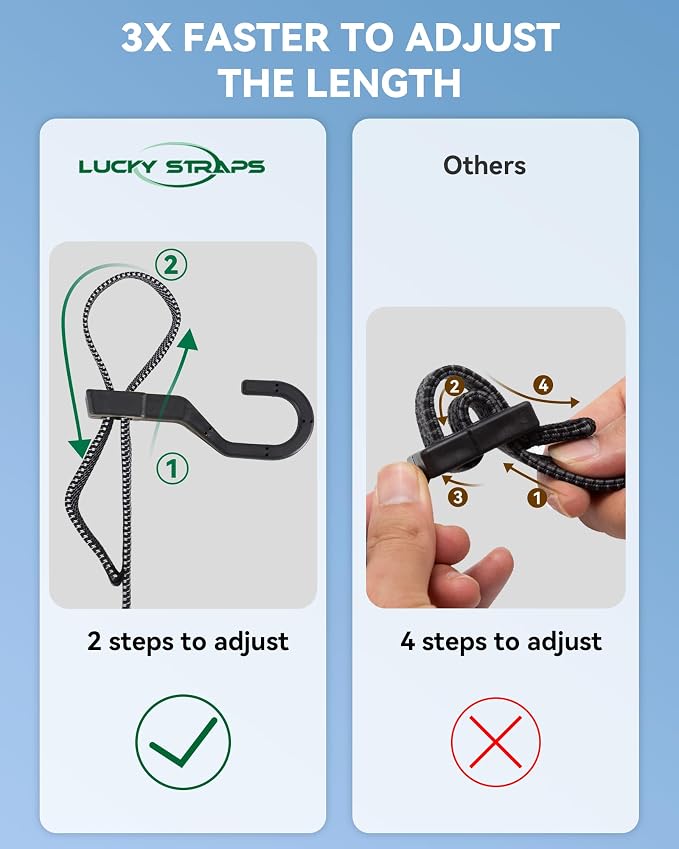 6 Pcs 48 Inch Flat Adjustable Bungee Cords with Hooks, 3X Faster to Adjust The Length, Lucky Straps Black Heavy Duty Bungee Straps for Cargo, Bike, Cart, Tent, Truck, Camping, Outdoor, etc