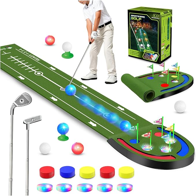 VATOS Golf Putting Mat Indoor for Kids - Golf Game Set with LED Balls, Glow Holes, Irons & Putters, Portable Putting Green Outdoor for Home Backyard Party, Golfs Toy Gifts for Kids 6-14