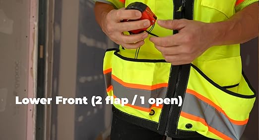 OccuNomix LUX-HDS2T3-Y5X Heavy Duty Solid/Mesh Two-Tone Surveyor Vest with Zipper, 8 Pockets, Class 3, 100% ANSI Polyester, 5X-Large, Yellow (High Visibility)