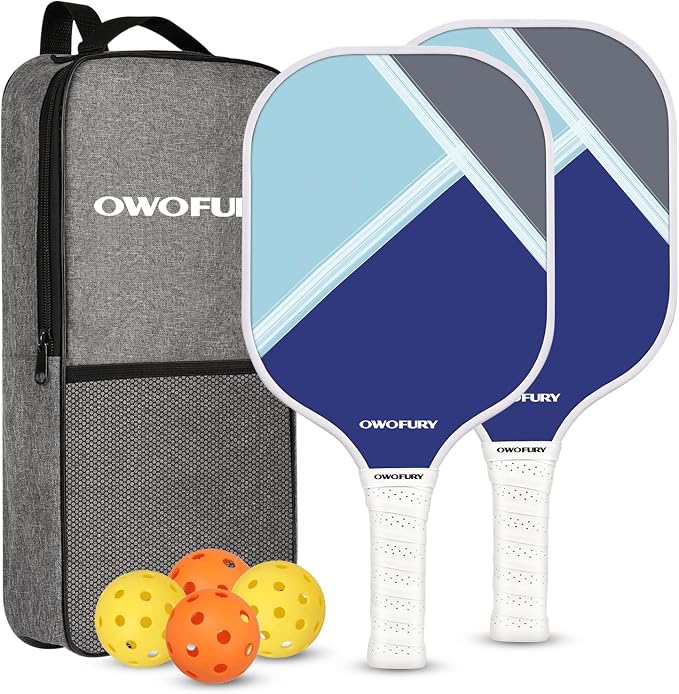 Fiberglass Pickleball Paddles Set of 2, Pickle Ball Racket Lightweight Honeycomb Core Control Paddle, with 4 Indoor Outdoor Balls and Bag for Men Women