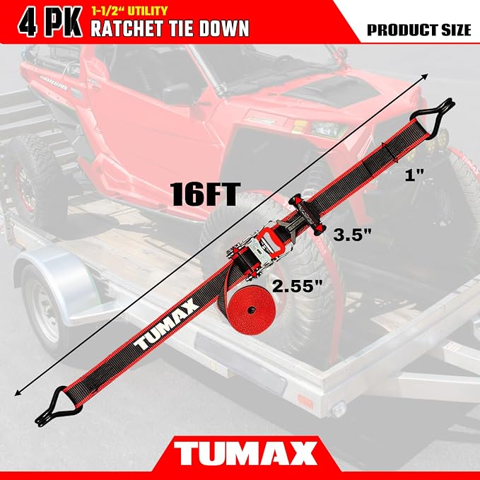 4 PK Universal Ratchet Straps Heavy Duty, 1.5" x 16 FT Tie Down Straps with Double J Hooks, 3300 lbs Break Strength, Ergonomic T-Handle & Ammo Box for Trailer, Truck, Motorcycle, ATV, UTV, Boat