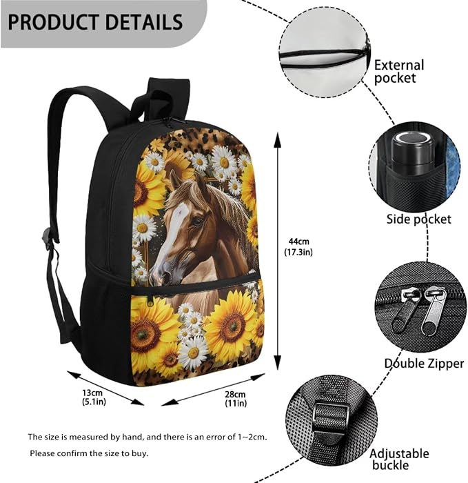 Horse Backpack for Girls School Bags with Lunch Bag Pencil Case Water Bottle Holder Sunflower Kids Preschool Bookbag 4PCS Elementary School Bag Back to School Accessories