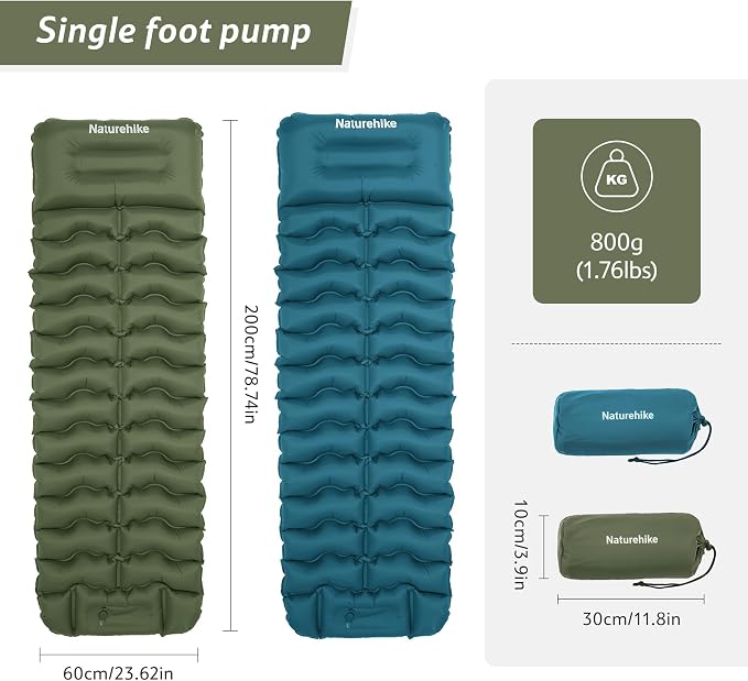 Naturehike Camping Sleeping Pad, Ultralight Inflatable Sleeping Mat with Pillow, Built-in Foot Pump, 3.74 Inch Lightweight Air Mattress for Camping, Backpacking, Hiking, Traveling