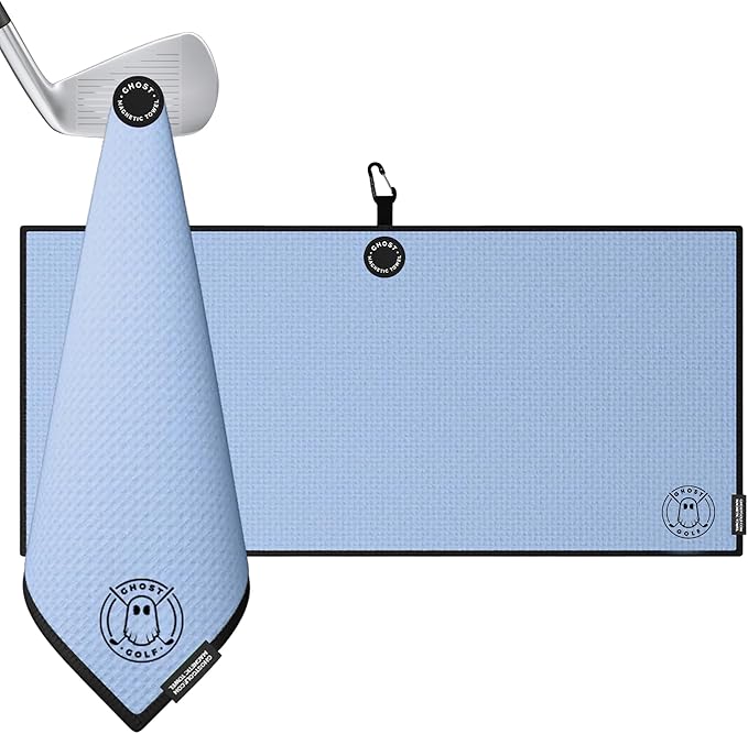 Ghost Golf Magnetic Towel (Caddie) - Premium Ultra-Absorbent Microfiber Golf Towel with Magnet for Golf Carts or Clubs - 18" x 40" Golfing Gear - Waffle Weave Pattern (Carolina Blue)