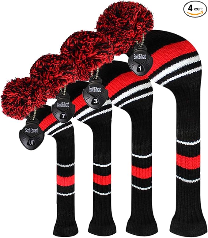 Scott Edward Golf Club Head Covers Set of 4, Acrylic Yarn Double-Layers Knitted, with Rotatable Number Tags