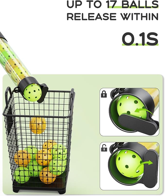 Pickleball Ball Retriever Upper Holds 17 Balls, Pickleball Pickup Tube with Shoulder Strap, Easy Pickup Portable Pickleball Ball Holder