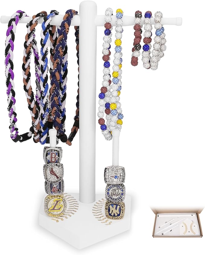 Baseball Ring Display Holder for Championship Rings, Wooden Sports Jewelry Organizer with Bat Stand for Baseball Softball Players, Athlete Gift Display Case for Rings Bracelets Medals, White