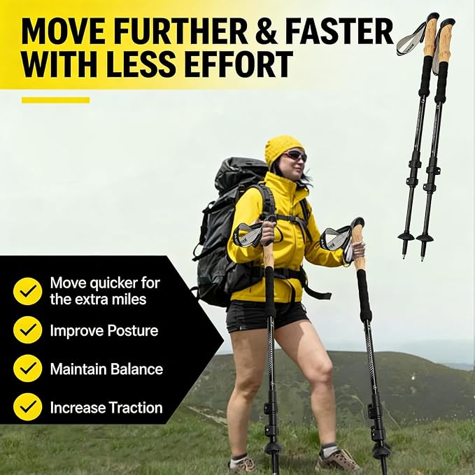 Trekking Poles Hiking Sticks - Lightweight Aluminum Adjustable Telescopic Walking Poles with Cork Grips & Metal Flip Lock for Men Women, Backpacking, Camping, Mountain Climbing
