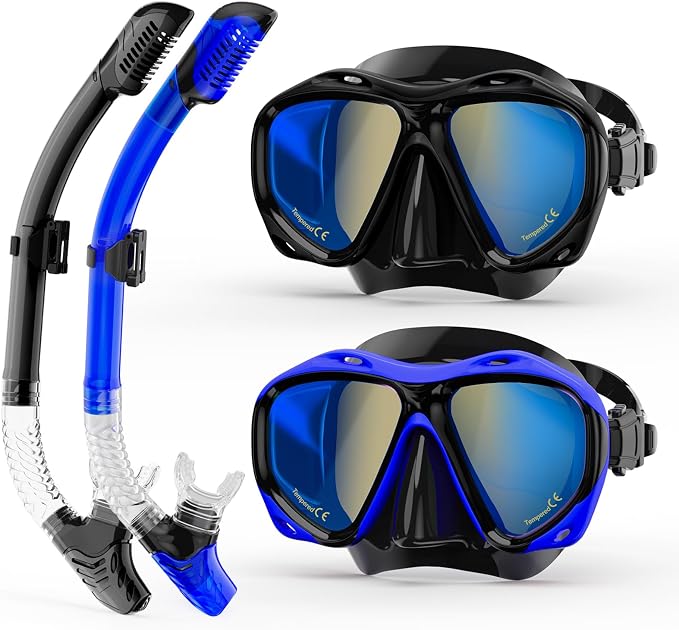 Snorkeling Gear for Adults, Snorkel Mask With Mirrored Tempered Glass Lens 180° Wide View Anti-Fog Scuba Diving Mask, Professional Snorkel Set for Swimming Diving, Gifts for Women Mom Men Dad