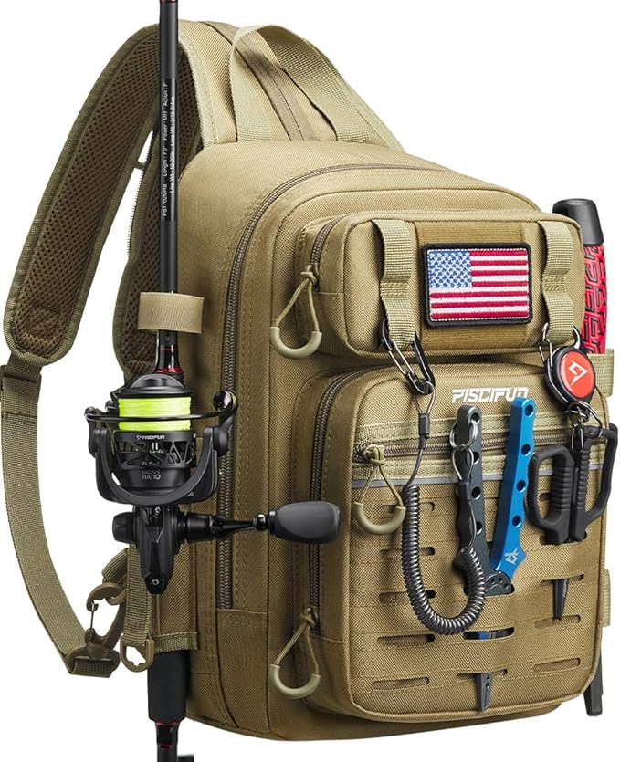 Piscifun Fishing Backpack Tackle Bag with 2 Rod Holders, Multi-Compartment Storage, MOLLE System, Water-Resistant Lightweight Outdoor Pack