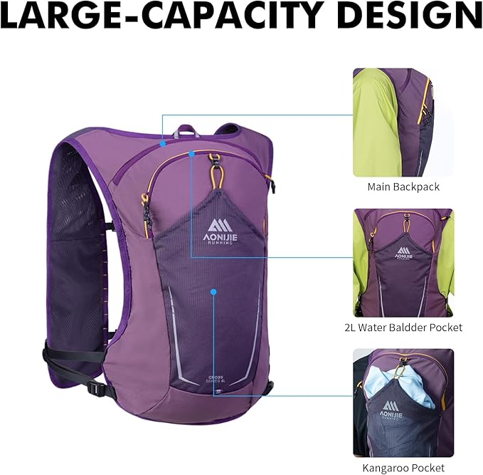 AONIJIE Running Hydration Vest for Men & Women, 8L Hydration Backpack, Multiple Pocket Designs for Water Bottles/Bladders, Lightweight Breathable for Hiking, Climbing, Marathon & Cycling