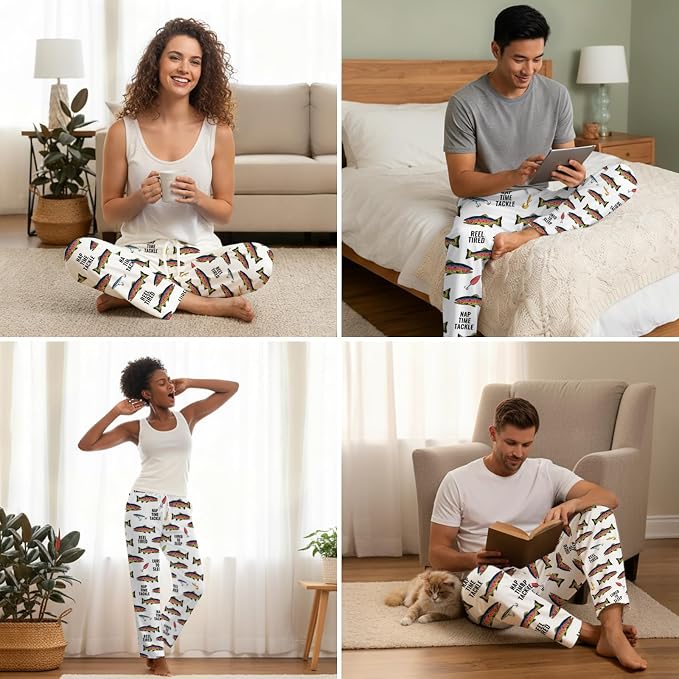 KOYI Fish Pajama Pants, Funny Fishing Print Lounge Pants, Cozy Unisex Sleepwear for Men Women, Novelty Pajama Bottoms