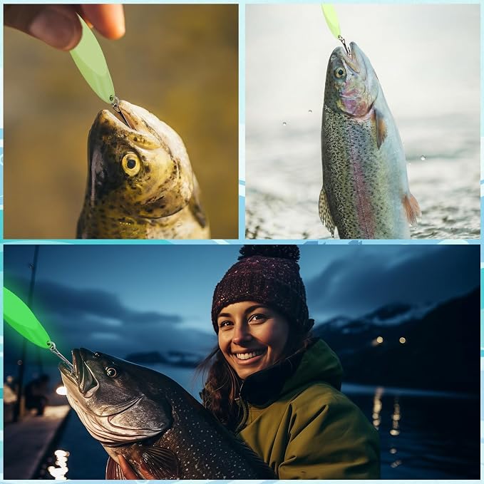 15 Pcs Glow in The Dark Fishing Lures with Treble Hook Jigs 5g/21g/28g Weights Luminous Metal Fishing Spoons Glitter Casting Spinner Baits Spoon for Freshwater Saltwater Bass Trout