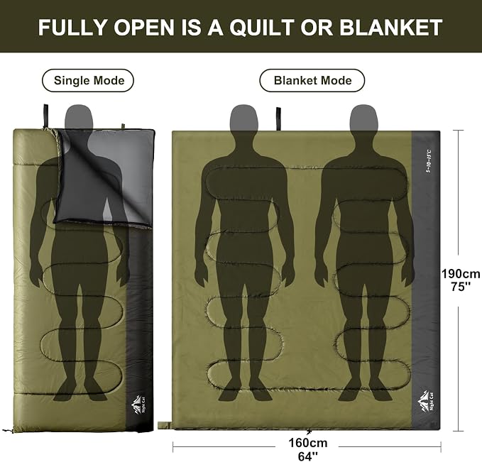 Night Cat Camping Sleeping Bag with Self-Inflating Sleeping Pad for Adults 3 Seasons Portable Lightweight Backpacking Hiking Traveling Indoor Outdoor Temperature 5-15℃ 2.6x6.3ft Switch to a Quilt or B