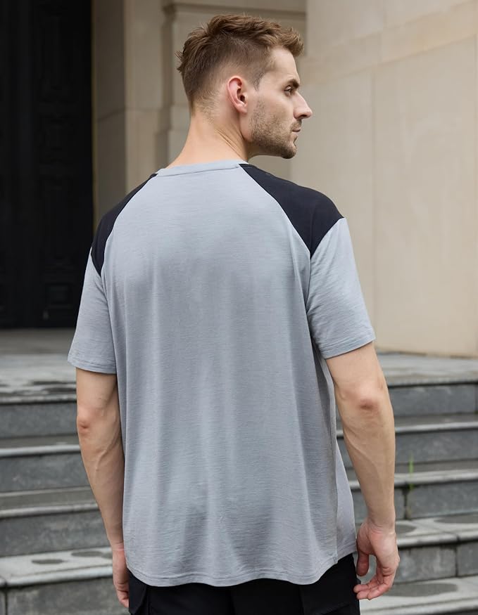 Merino Wool Crewneck T Shirts for Men for Athletic Running Workout, Lightweight Mens Moisture Wicking Shirts
