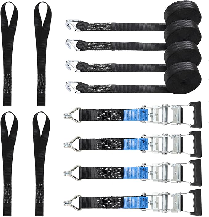 Ratchet Straps Heavy Duty 4Pcs 2.3" x 20ft with 4 Helper Tie Down Ratchet Straps and Storage Bag, Galvanized Zinc Double J Hook for Trailer, Truck, Motorcycle, Cargo Moving - Black