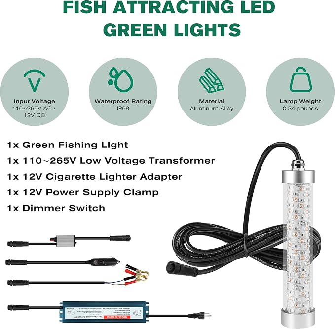 F3 Dimmable Green Underwater Fishing Light 110V&12V / 200W 20000LM Fish Light Attractants for Crappie Squid Shrimp Snook Bass at Night, with 5%~100% Brightness Dimmer(33FT Cable)