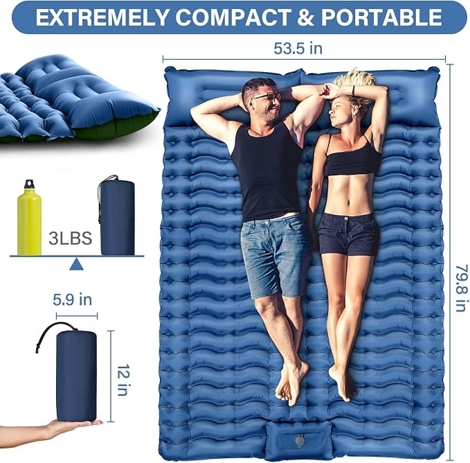 FUN PAC Camping Sleeping Pad, Ultralight Camping Mat with Pillow, Built-in Foot Pump Inflatable Sleeping Pads Compact for Camping Backpacking Hiking Traveling Tent,Double, Blue.