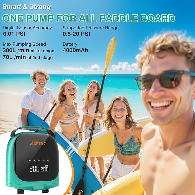 AGPTEK Paddle Board Pump Electric Sup Air Pump 20PSI Portable, Auto-Off 12V DC Car Connector for Inflator & Deflator Inflatable Stand up Paddle Boards,Boats,Inflators