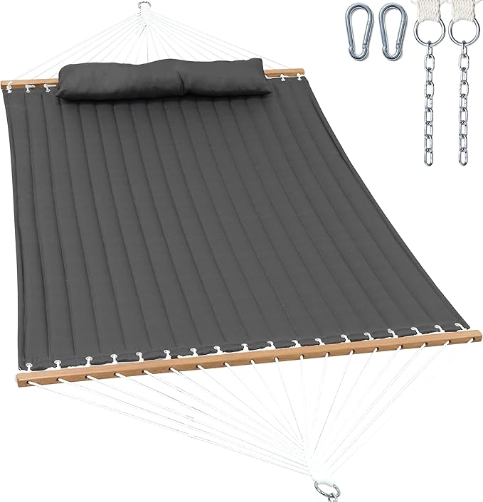 GAFETE Hammock 2 Person Quilted Fabric Hammocks for Outside, Double 12ft Hammocks with Spreader Bar, Large Removable Pillow, Storage Bag, Carabiners, Max 475 lbs Capacity (Dark Grey)