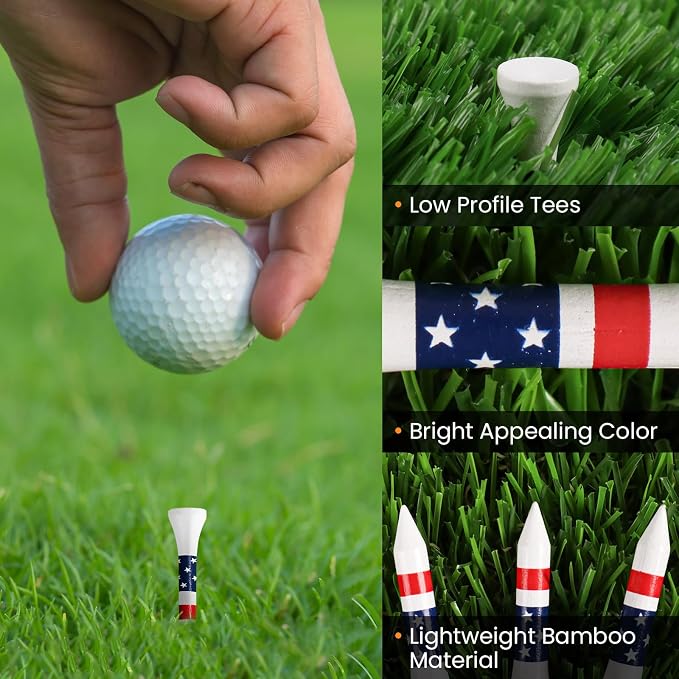 FINGER TEN Short Golf Tees 1 1/2 Inch Wood for Par 3 & Iron Shots Bulk 250/500 Pack, Bamboo Tee for Stable Low-Tee Height in Natural, Red, and USA Flag