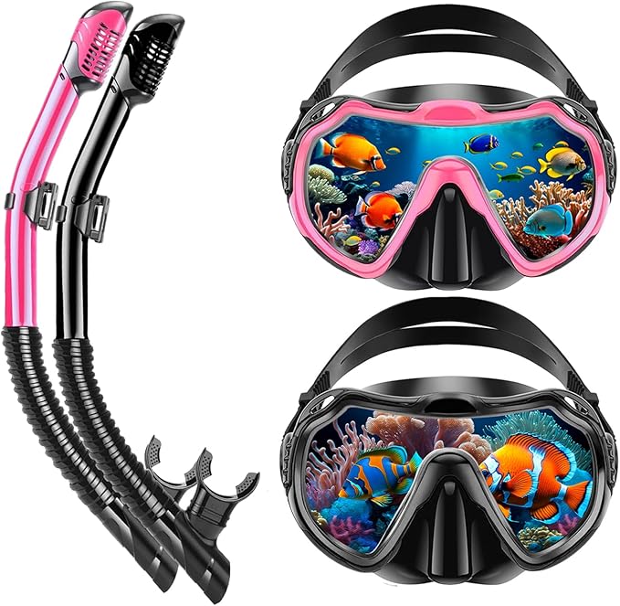 Snorkeling Gear for Adults, Adult Snorkel Set with Panoramic Anti-Leak and Anti-Fog Tempered Glass Snorkel Mask, Dry Top Snorkel, Snorkle Mask Set Adult with Mesh Bag Ear Plug for Snorkeling
